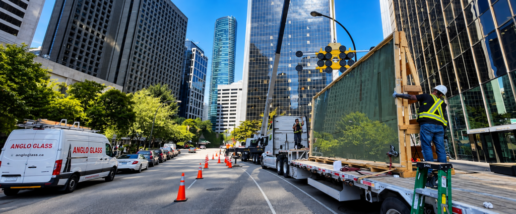 Anglo Glass commercial glazing crew working in downtown Vancouver